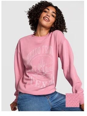 VS PINK Campus Fleece Oversized Crew pullover Sweatshirt Hello from Texas NWT$60